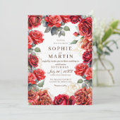Staub-Rote Rosen Gold-Blume-Hochzeit Einladung (Stehend Vorderseite)