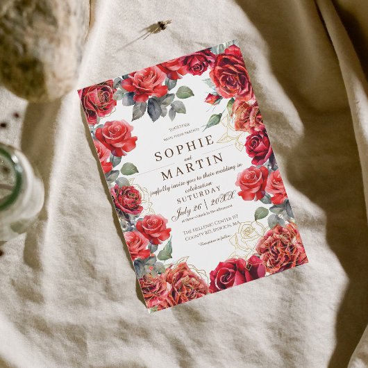 Staub-Rote Rosen Gold-Blume-Hochzeit Einladung