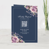 Staub-Violett-Blumen-QR-Code-Navy-Blau-Hochzeit Einladung (Rückseite)