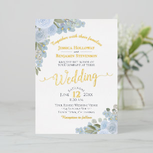 Staubblau Aquarell Blumen Boho Hochzeit Gold Folieneinladung