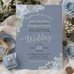 Staubblau Aquarell Blumen Boho Hochzeit Silber Folieneinladung
