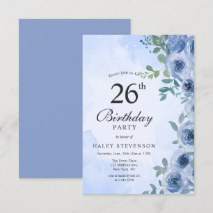 Staubblau Aquarell Blumen Chic 26. Geburtstag Einladung