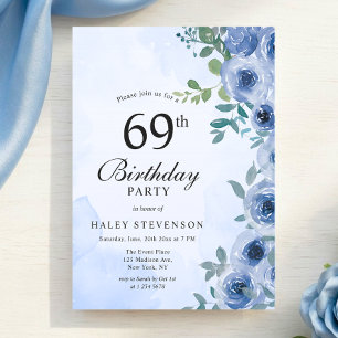 Staubblau-Aquarell-Blumen-Chic 69. Geburtstag In Einladung