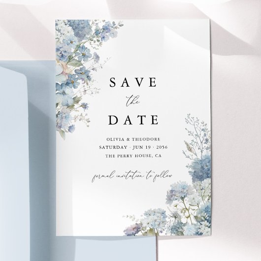 Staubblau Aquarell Blumen Elegant Save The Date