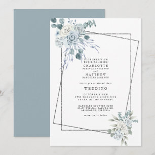 Staubblau Aquarell Blumen Geometrische Hochzeit Einladung