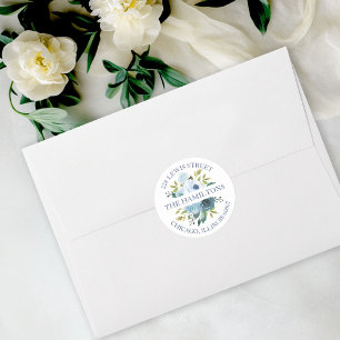 Staubblau Aquarell Blumen Rücksendeadresse Runder Aufkleber