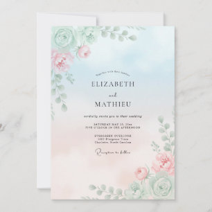 Staubblau-Aquarell-Blütenhochzeit Einladung