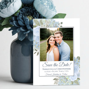 Staubblau-Aquarell-Boho-Blumen-Hochzeitsfoto Save The Date