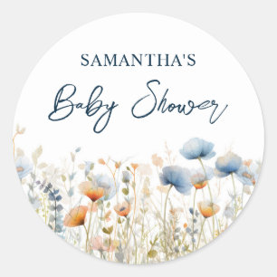 Staubblau-Aquarell-Wildblumen-Baby-Shower Runder Aufkleber