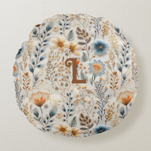 Staubblau-Beige-Blumen Cottagecore-Monogramm Rundes Kissen