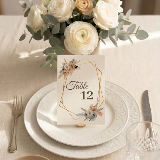 Staubblau Beige Blumen Gold Hochzeit Tischnummer