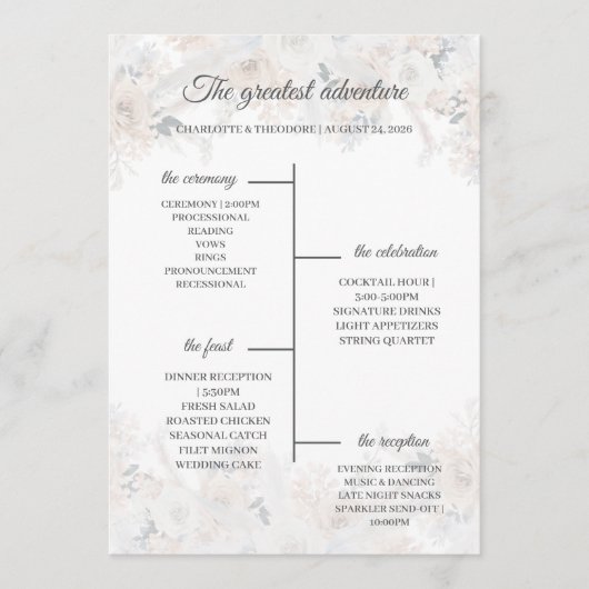 Staubblau Beige Blumen Gold Hochzeitsprogrammkarte Programm (Vorderseite)
