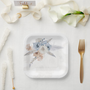 Staubblau Beige Florale Pampas Boho Hochzeitspapie Pappteller