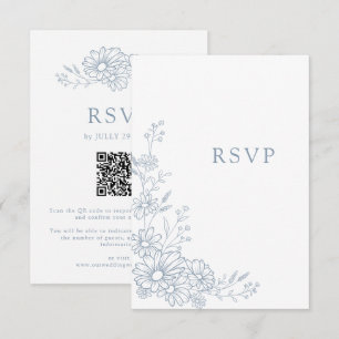 Staubblau Botanische Daisy QR-Code Hochzeit RSVP Karte
