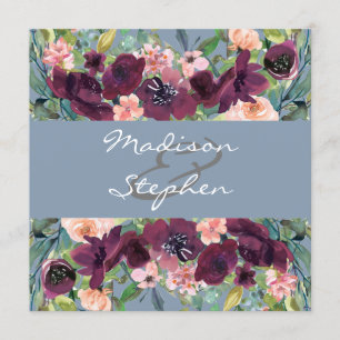 Staubblau   Burgunder Aquarell-Hochzeit Einladung