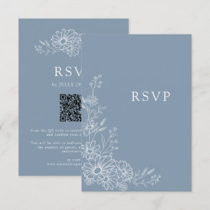 Staubblau Chic Botanische Daisy QR-Code-Hochzeit RSVP Karte