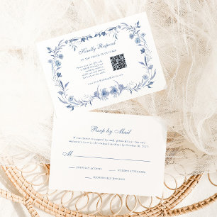 Staubblau Chinoiserie Traditionell und QR-Code RSVP Karte