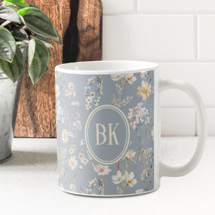 Staubblau Cottagecore Wildblumen Monogramm Kaffeetasse