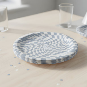 Staubblau & Creme Verdrehte Karierte Spirale Hypno Pappteller