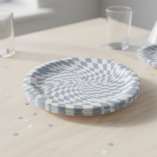Staubblau & Creme Verdrehte Karierte Spirale Hypno Pappteller