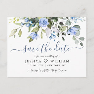 Staubblau elegante Eukalyptus-Rose Save-the-Date Postkarte