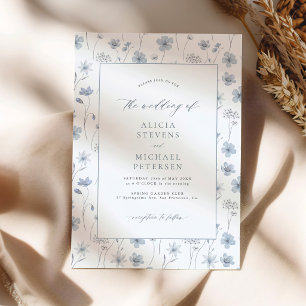 Staubblau elegante florale Gartenhochzeit Einladung