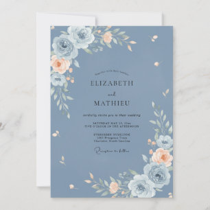 Staubblau Elegante Florale Hochzeit Einladung