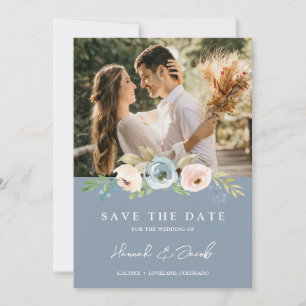 Staubblau Elegante Florale Rustikale Foto Save The Date