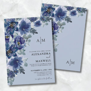 Staubblau Elegante Moderne Florale Hochzeit Einladung