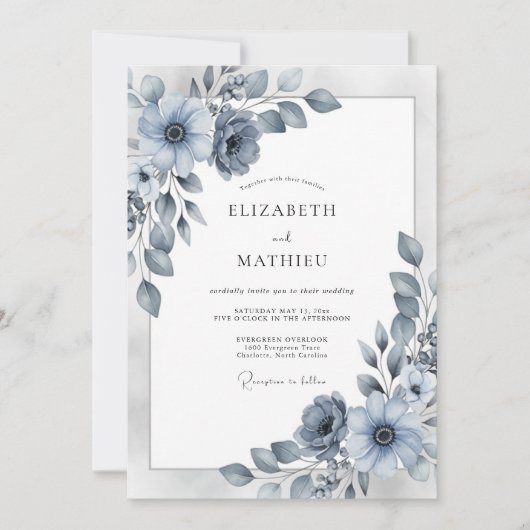 Staubblau elegante Winterhochzeit Einladung (Vorderseite)