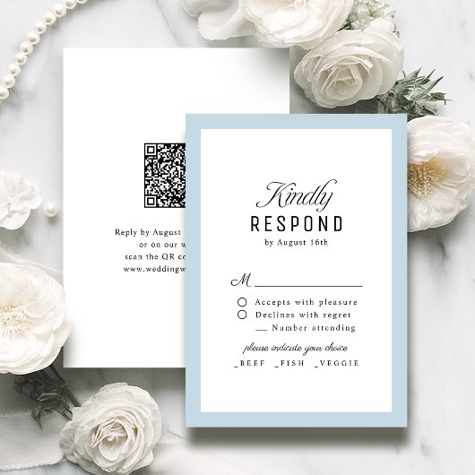 Staubblau Elegantes Skript Hochzeit QR-Code RSVP Karte