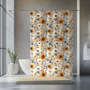 Staubblau Elfenbein Blumen Eleganter Bohemian Vorh Duschvorhang