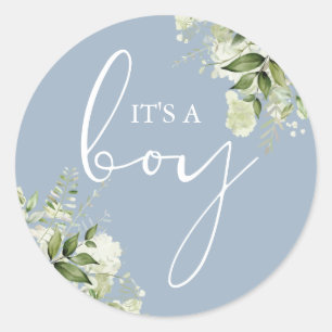 Staubblau Es ist ein Junge Greenery Baby Shower Ge Runder Aufkleber