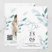 Staubblau Eukalyptus Teal Foto QR Code Hochzeit Save The Date (Vorne/Hinten)