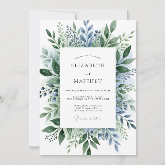 Staubblau exquisite botanische Hochzeit Einladung (Vorderseite)