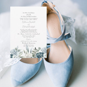Staubblau Floral Beide Eltern Weiß Hochzeit Einladung