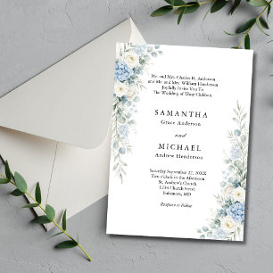 Staubblau Floral Hochzeit mit Namen beider Eltern Einladung
