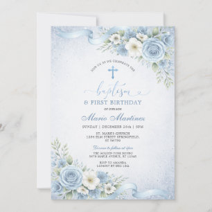 Staubblau Floral Taufe Junge Taufe Geburtstag Einladung