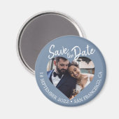 Staubblau Foto Moderne Schriftart "Save the Date" Magnet (Vorderseite/Rückseite)