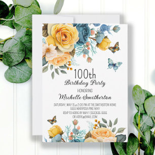 Staubblau-gelbe Blumen-Schmetterlinge Geburtstag Einladung