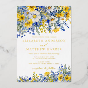 Staubblau gelbe Daisy Wildblumen Boho Hochzeit Folieneinladung