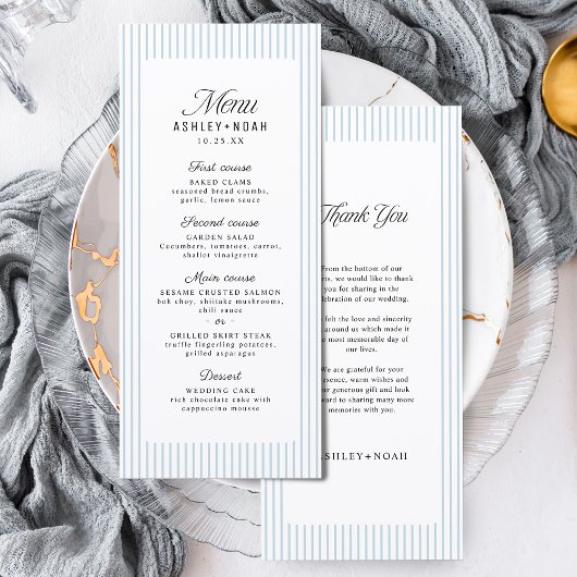 Staubblau gestreifte elegante Hochzeit Menükarte
