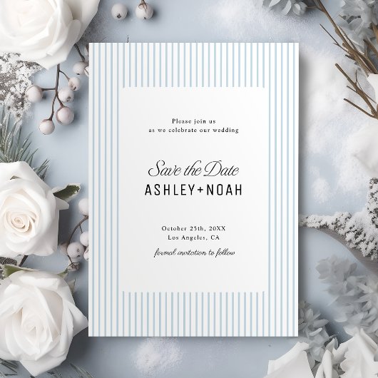 Staubblau gestreifte elegante Hochzeit Save The Date