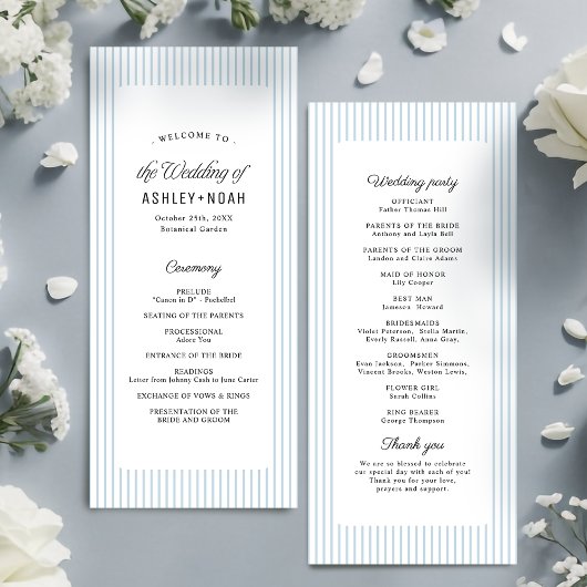 Staubblau gestreifte elegante Hochzeitsprogramme Menükarte