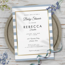 Staubblau gestreifte Gold-Baby-Shower-Einladung