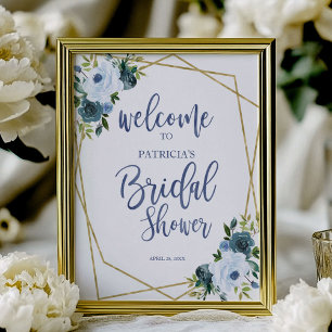 Staubblau Gold Blumen Hochzeit Begrüßung Poster