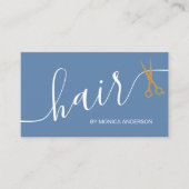 Staubblau Gold Haar Schrift Schere QR Code Visitenkarte (Vorderseite)