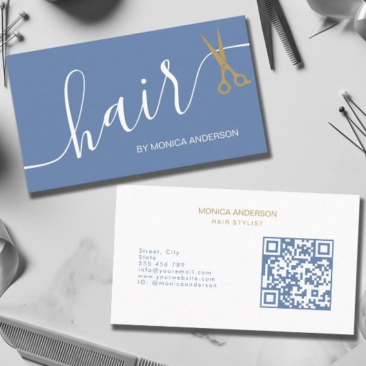 Staubblau Gold Haar Schrift Schere QR Code Visitenkarte