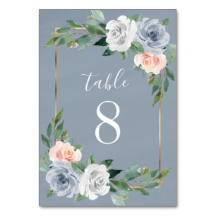 Staubblau Gold Rosé Pink Pfirsich Florale Hochzeit Tischnummer