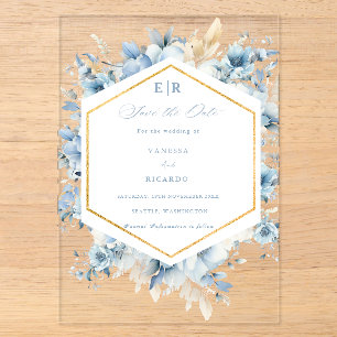 Staubblau-goldene Blumenerblühen Hochzeit in einem Acryleinladungen